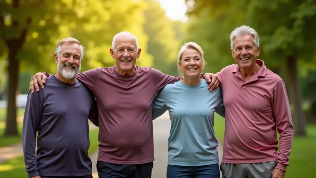 Group of four people standing together before a walk, smiling and relaxed