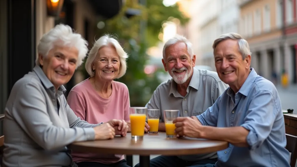 Group of friends sitting at an outdoor café table after their walk, smiling and enjoying beverages
