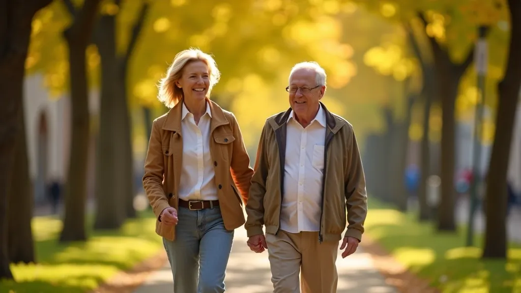 Active senior couple enjoying a leisurely walk through Riga Old Town on a sunny day