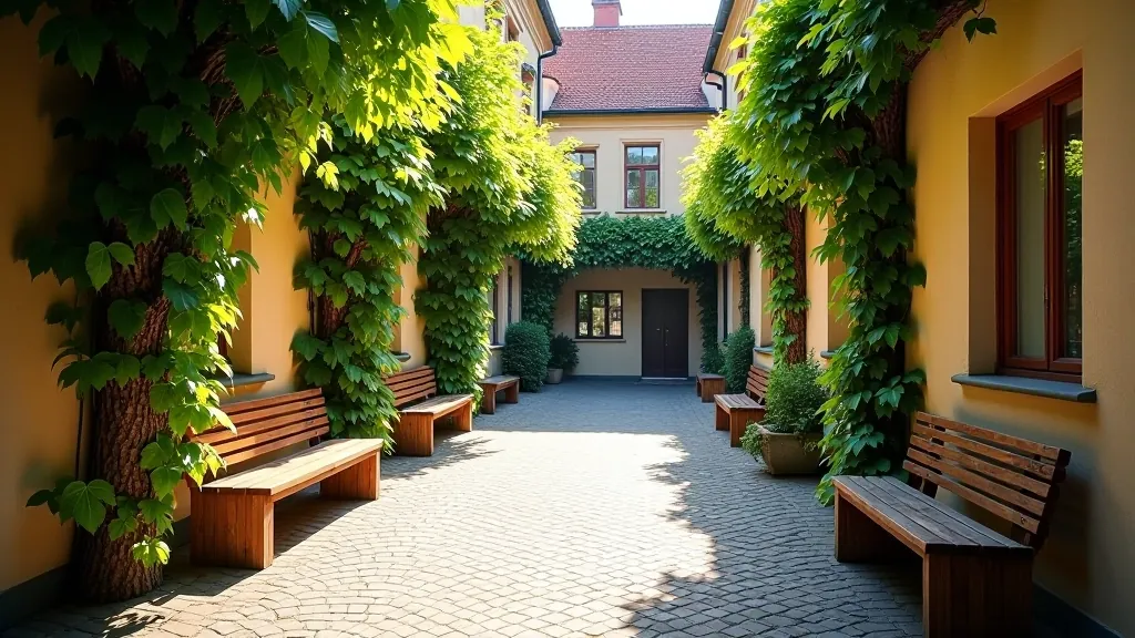 Sunlit cobblestone courtyard in Old Town Riga with historic stone buildings and ivy-covered walls