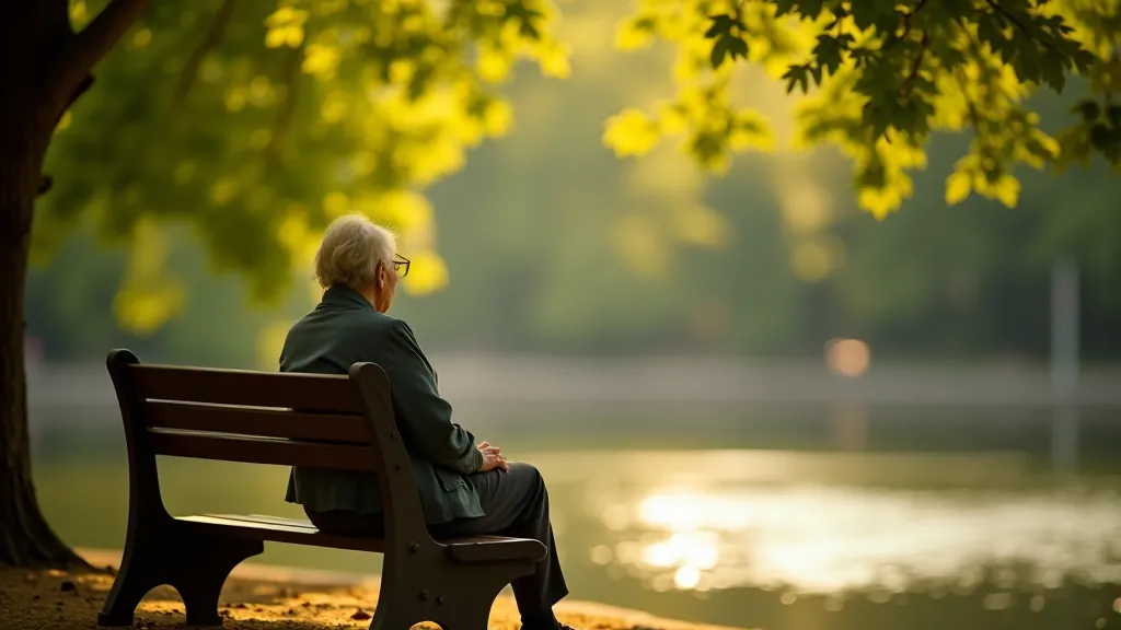 Senior person sitting peacefully on park bench overlooking water with tree shade