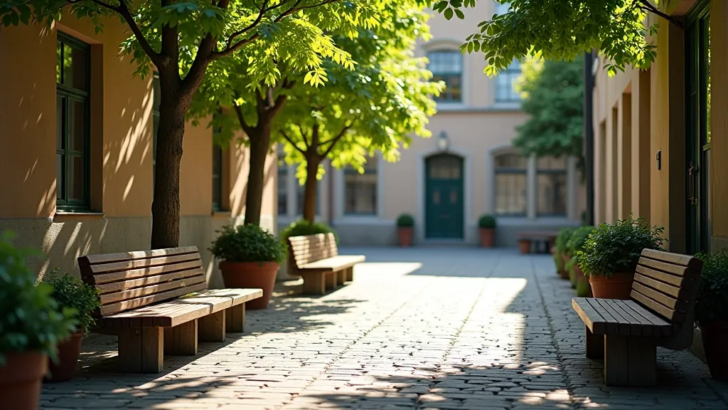 Rest area with wooden benches in a quiet Old Town courtyard surrounded by historic buildings