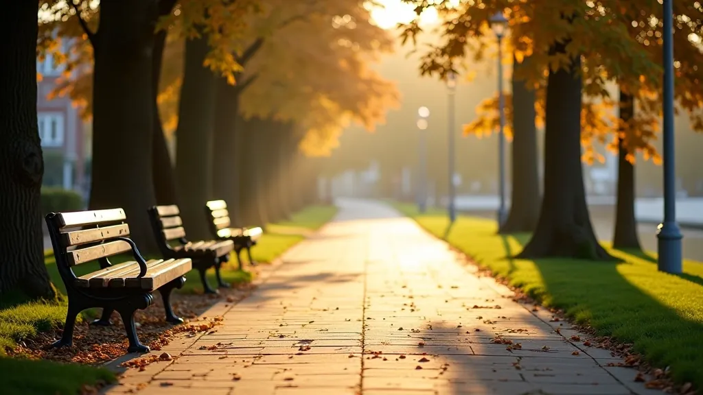 Clear pathway along Riga Canal with lampposts and benches visible in soft morning light