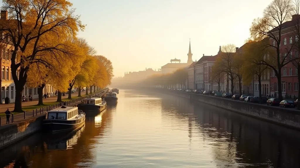 Morning sunlight on canal water with historic architecture and clear sky