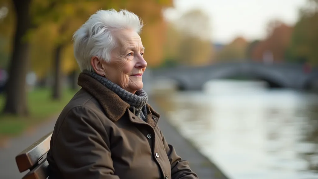 Woman resting on a waterside bench with canal buildings visible across the water